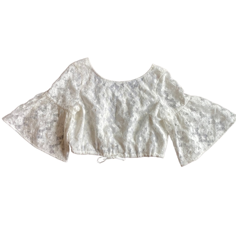 EVER NEW Embroidered White Floral Lace Flared Sleeves Cotton Crop Top Size L